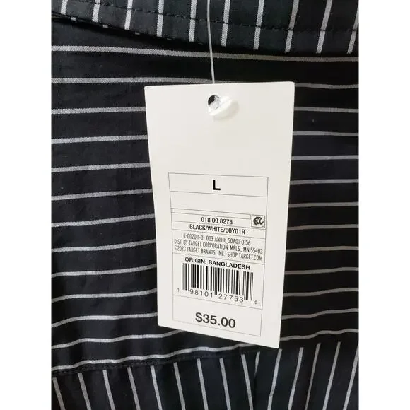 A New Day Dress Women L Black White Striped Shirt Long Sleeve Cotton Midi - Picture 10 of 15